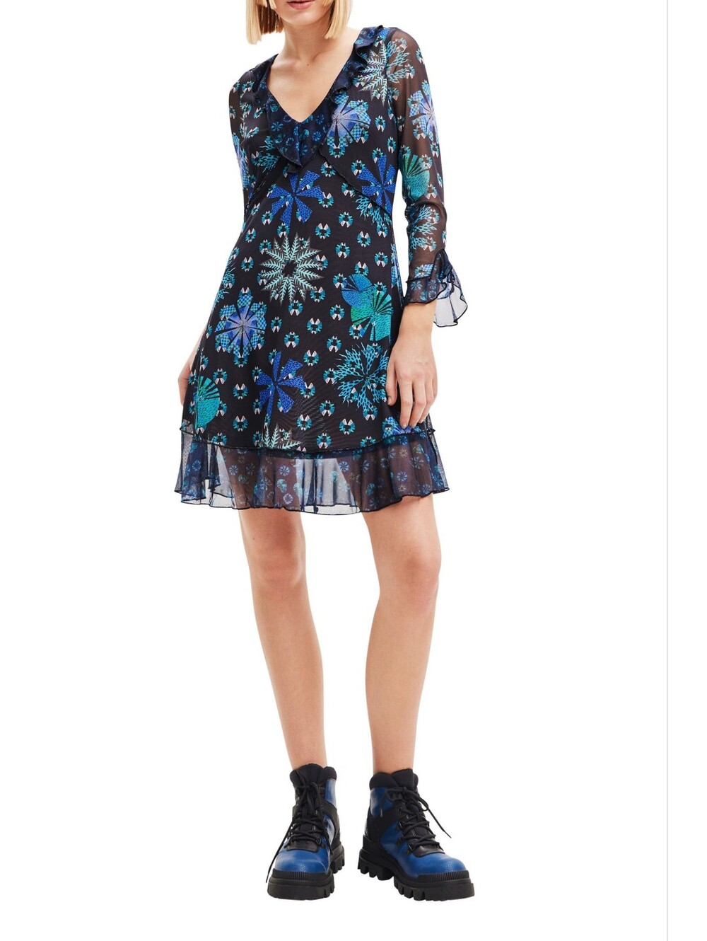 DESIGUAL Print Ruffle Mesh Mini dress Size XXL Plus Size Blue Black 3/4 Sleeves